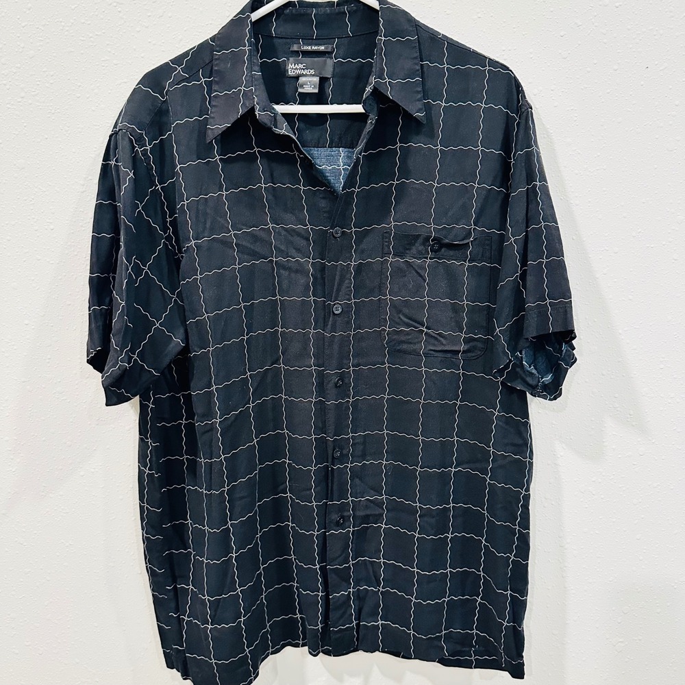 Marc Edwards Black Luxe Rayon Short Sleeve‎ Button Up Shirt Men Size L Wavy Grid